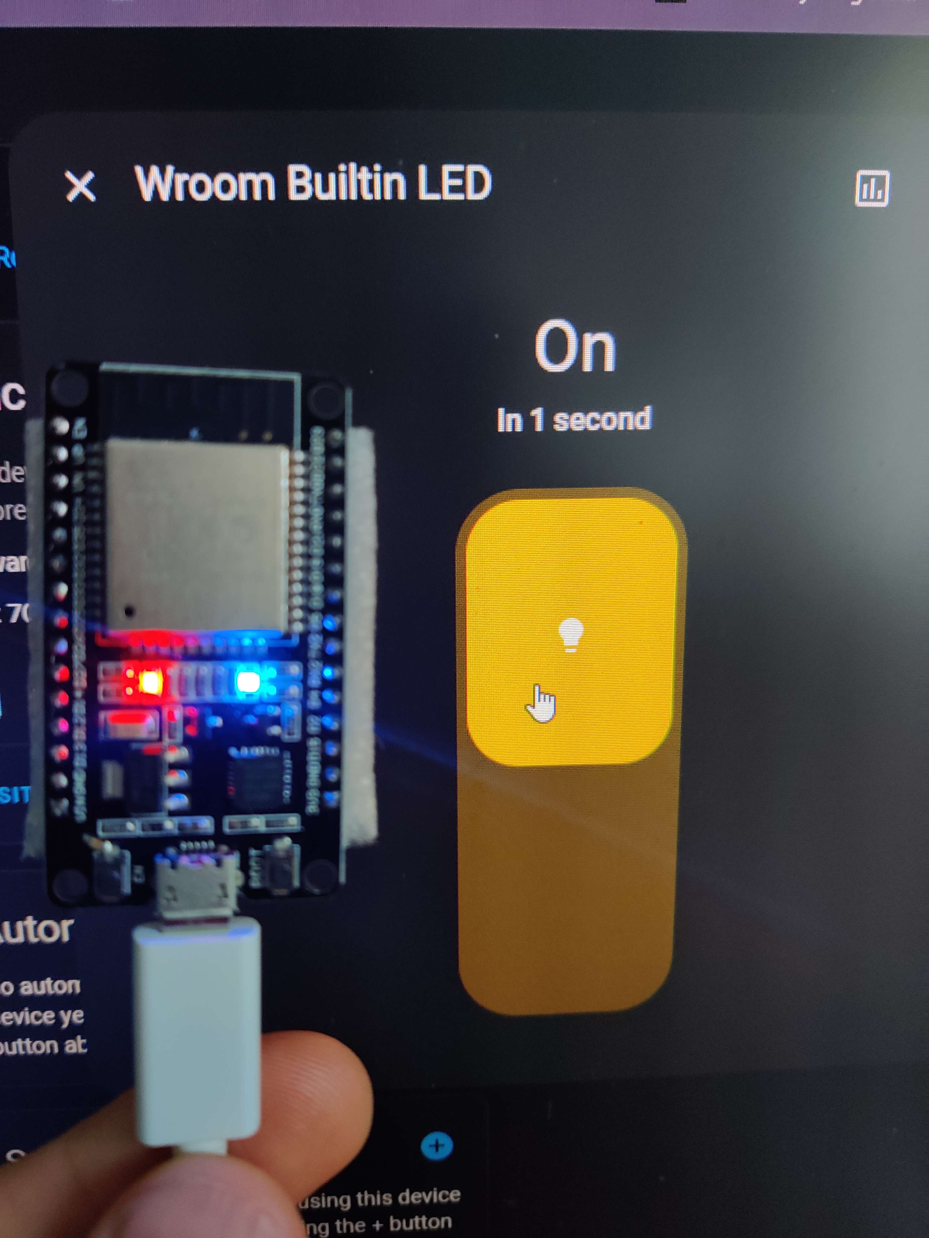 HA interface showing a toggled switch and an ESP board with its builtin LED turned on